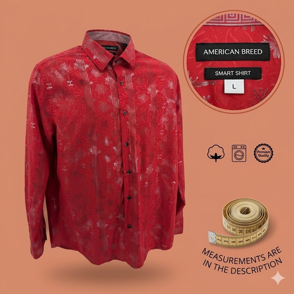 American Breed Smart Shirt Men's Large Red Silver Metallic Pattern Long Sleeve